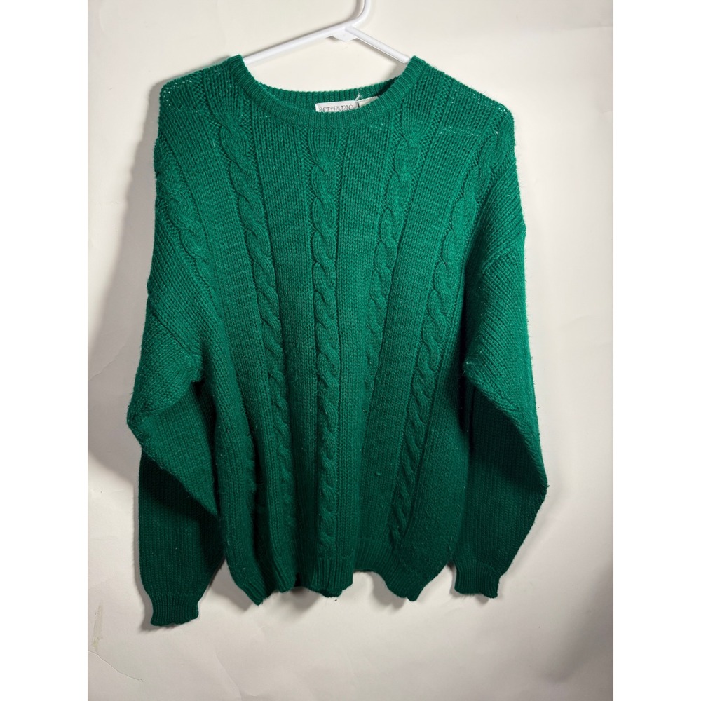 SCENARIO Mens Med Green Cable Knit Sweater Crew Neck Long Sleeve Casual‎ Classic